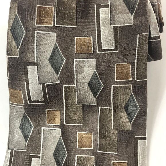 Vintage Pierre Cardin Tie Geometric Abstract Brown Gray Diamond Square Silk - Picture 2 of 9